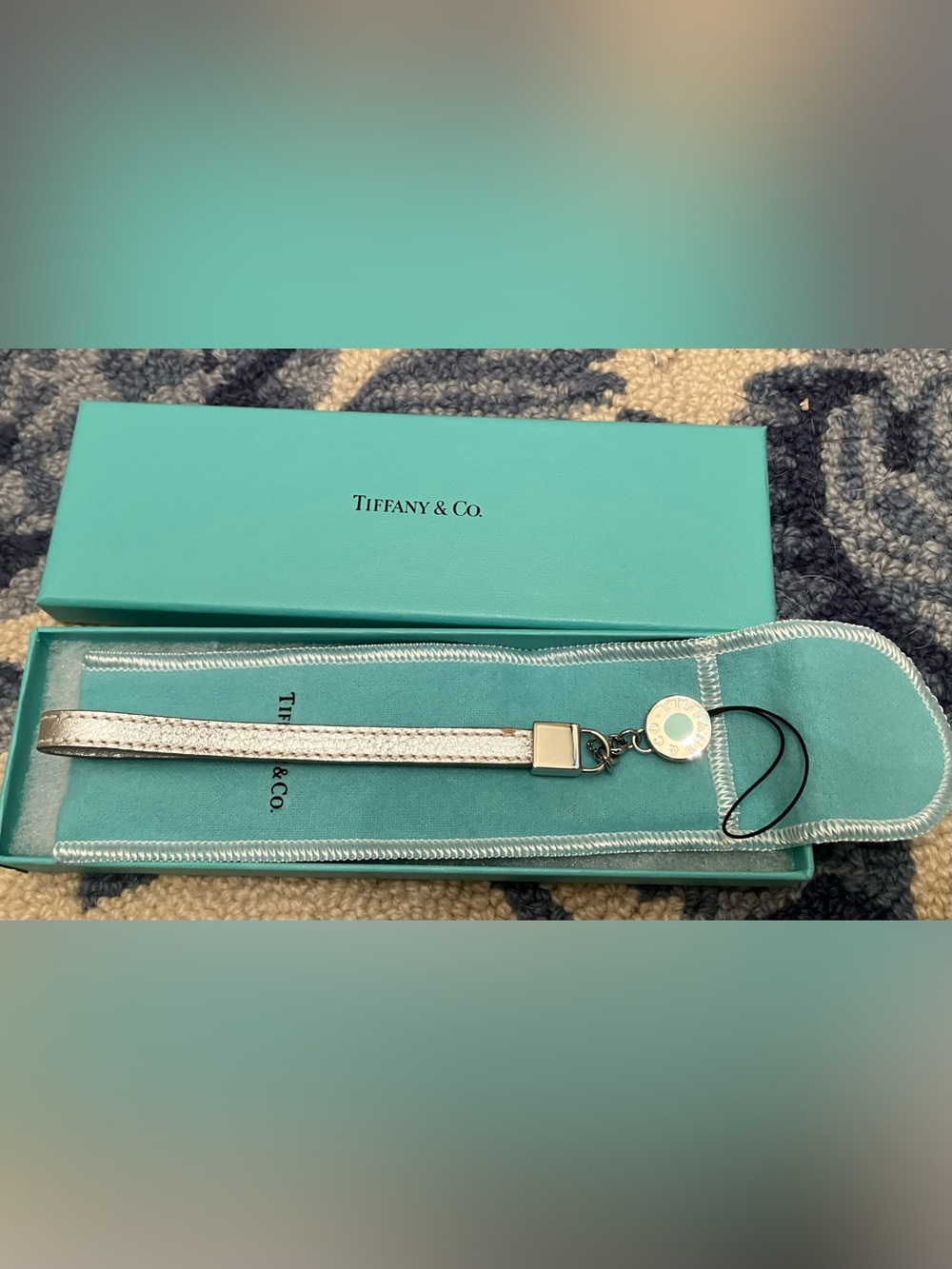 Tiffany & Co. Leather Grain Chain Phone Strap Silver